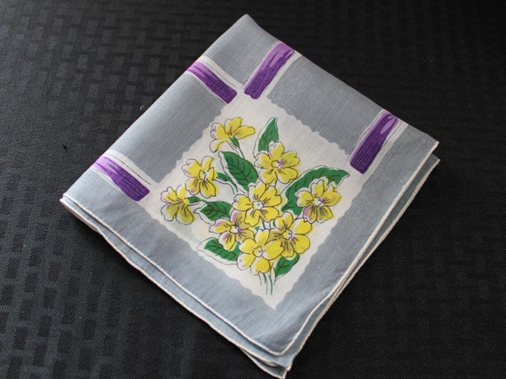 Vintage Hand Rolled Cotton Handkerchief, Gray wit… - image 1