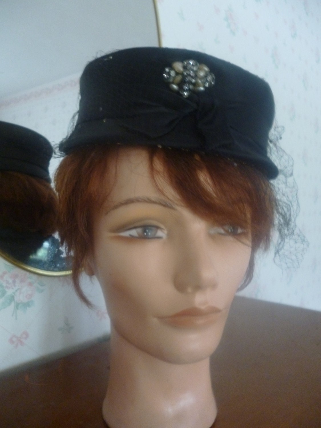 SALE Classic 1960s Black Satin Pillbox Hat With Rhinestone  display picture 2