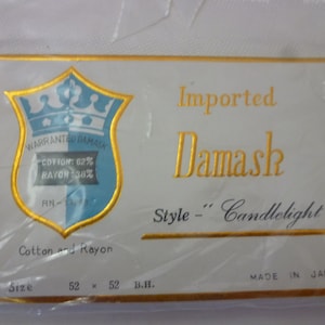 SALE Vintage NOS Damask Christmas Candles Poinsettias Tablecloth, White on White, 52 X 52