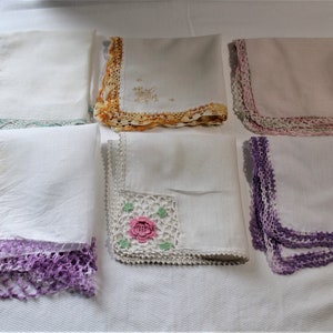 Lot of 6 Vintage Handkerchiefs With Crocheted Borders, Some Slightly Imperfect, for Repurposing, Crafting, FREE SHIPPING