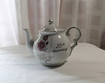 Vintage Treasure Masters Romance Rose Collection China Teapot, 25th Anniversary, Silver Anniversary