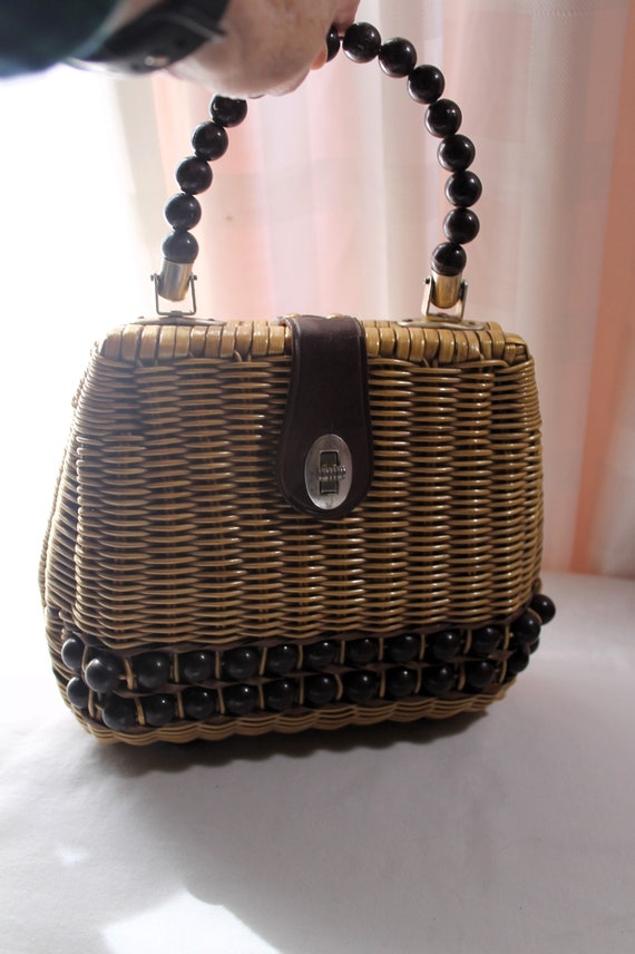 1960s Woven Rattan Framed Handbag with Leather Tri