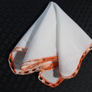 Vintage White Linen Handkerchief With Orange Hand Crocheted Border, FREE SHIPPING in USA