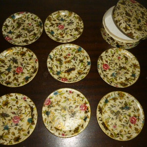 SALE Set of 8 &quot;Celebrate&quot; Papier-Mache Coasters With Box, Japan, Alcohol Proof