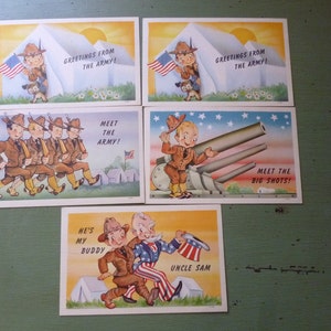 SALE Set of 5 WWII Linen Finish Cute Army Postcards, Unused