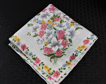 Vintage Large Cotton Floral Handkerchief, Colorful Flowers, Doubled Hem, 14 Inch, FREE SHIPPING in USA