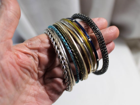 Assorted Vintage Bangle Stack, Mixed Metals/Colors - image 2