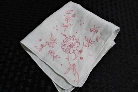 Vintage Hand Rolled Linen Handkerchief Pink Applique Embroidery FREE SHIPPING Etsy