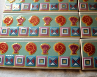 Set of 10 Rectangular Ceramic Tiles, Pastel Seashell Design, Bathroom Decor