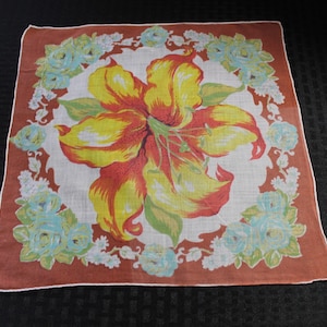 Vintage Hand Rolled Cotton Handkerchief, White, Yellow & Blue Flowers, FREE SHIPPING in USA