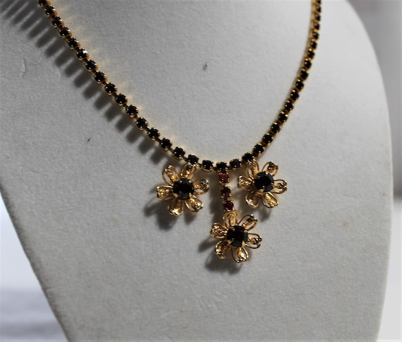 Vintage Ruby Red Rhinestone Necklace with Dangling Flowers