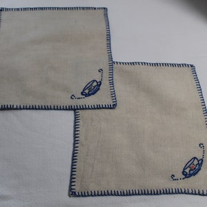 Set of 2 Vintage Hand Embroidered Linen Teatime Placemats, Small Square Placemats