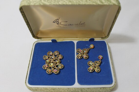 Vintage CAMELOT Aurora Borealis Brooch and Clip E… - image 1