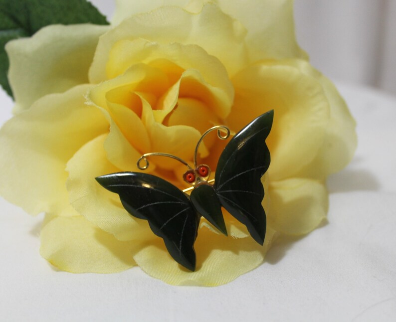 Vintage Carved Jade Butterfly Brooch Etsy