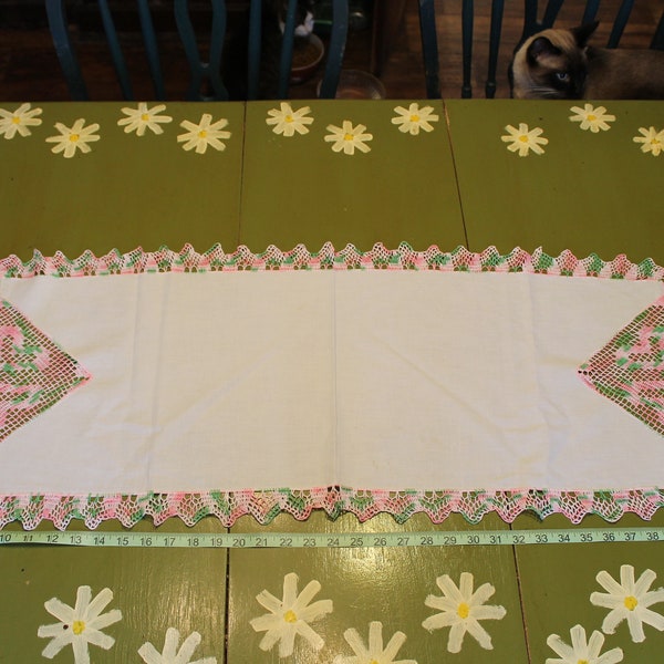 Vintage Linen Dresser Scarf With Pink & Green Crocheted Borders, Cutout Designs, 48.5 X 15 Inches