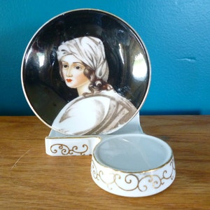 SALE Vintage ANDREA Hand Painted Porcelain Plate, Pin Dish, Occupied Japan, With Stand