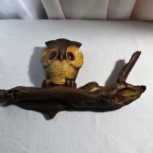 Vintage Hand Carved Rustic Wooden Owl on Branch with Owlet