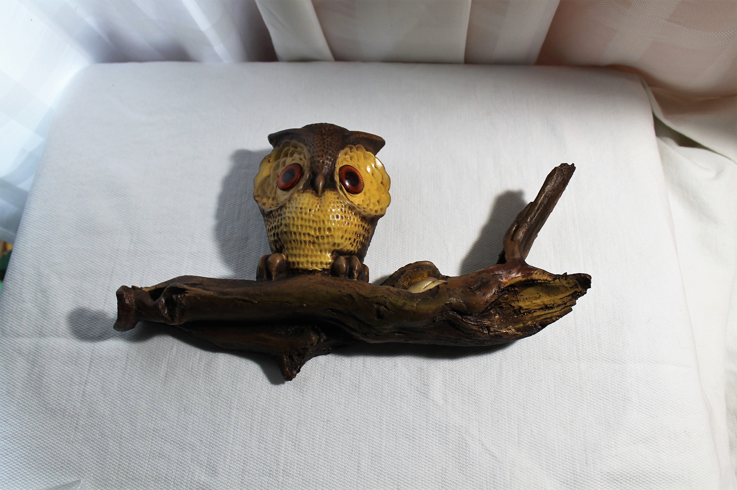 Vintage Hand Carved Rustic Wooden Owl on Branch with Owlet