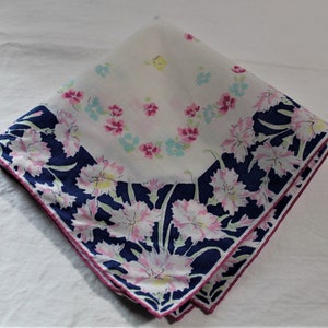 Vintage Hand Rolled Cotton Handkerchief, White with Pink & Blue Flowers, Large, FREE SHIPPING