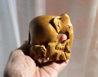 Vintage Carved Wooden Elephant with Babies Figurine