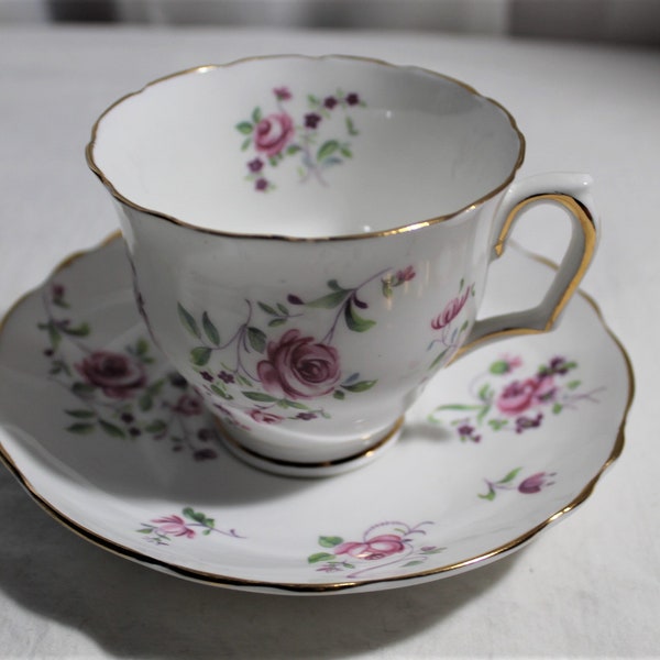 Vintage Crown Staffordshire Pink English Rosebud Tea Cup & Saucer, England