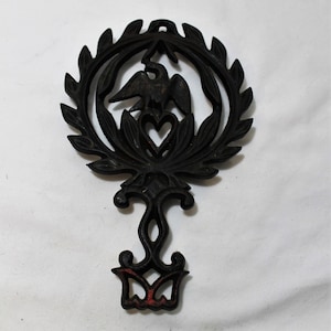 Vintage Cast Iron Trivet, Eagle, Heart, Wreath