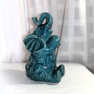 Vintage Large Ceramic Sitting Elephant, Teal Crackle Glaze