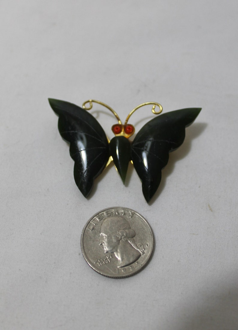 Vintage Carved Jade Butterfly Brooch Etsy