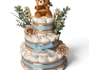Teddy Bear Baby Boy Diaper Cake | 3 Tier Baby Shower Gift | 65 Premium Diapers | Blue Gingham & Burlap | New Baby Gift Basket