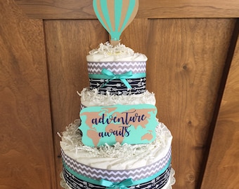 Adventure Awaits Diaper Cake, Hot Air Balloon Diaper Cake, Adventure Awaits Baby Shower Table Centerpiece, Hot Air Balloon Baby Shower decor