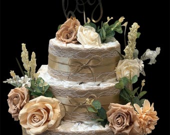 3 Tier Diaper Cake Centerpiece | Woodland Floral Baby Shower Gift (12" Wide)