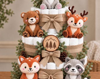 Woodland Diaper Cake | Forest Animal Baby Shower Gift | Fox Raccoon Deer Bear Nursery Centerpiece | Boy Baby Shower Gift