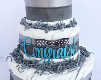 Boy Diaper Cake Centerpiece, Baby Shower Decor, 3 Layer Diaper Cake