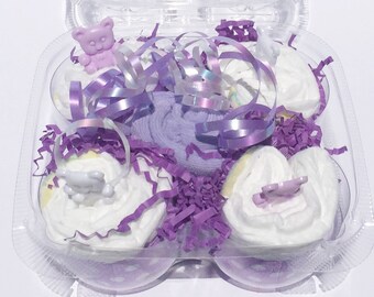 Baby Girl Gift, Girl Gift Basket, Diaper Cupcakes, Purple Baby Showe Decorations, Diaper Cakes for babies