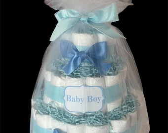 3 Tier Baby Boy Diaper Cake, Blue Tulle, Baby Shower Gift Centerpiece