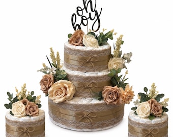 Diaper Cake Set of 3 | 3 Tier Baby in Bloom | 14” Wide  Shower Gift | Fall Diaper Cake | Boy Diaper Cake | Girl Diaper Cake | Rustic Burlap