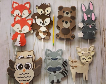Woodland Forest Animal Cake Toppers • Baby Shower Decorations • Rustic Birthday Party Decor • Fox Bear Deer Raccoon Topper Set • Wild One