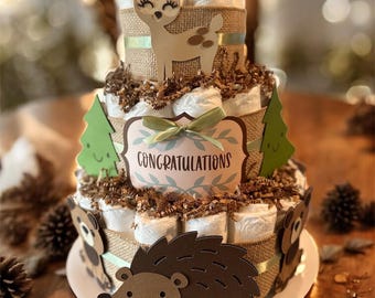 Woodland Forest Animals Diaper Cake, Baby Shower, Personalized, Gift for New Baby, Gender Neutral