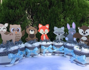 Woodland baby shower decorations, Into the woods, woodland table decor, forest animals baby shower centerpieces, diaper cakes, Banner