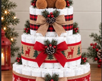 Winter Moose Diaper Cake, 3 Tier Christmas Diaper Cake, Woodland Baby Shower Gift, Plush Moose Baby Gift, Winter Wonderland Baby Shower