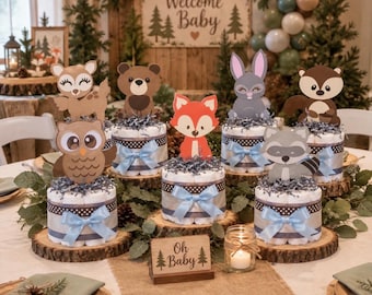 Woodland Diaper Cake Centerpieces,  Woodland Baby Shower Decor, Forest Animal Diaper Cake, Baby Shower Centerpiece, New Baby Gift Set of 7