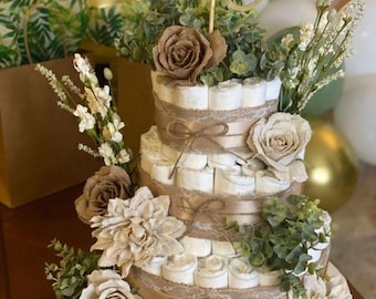 3 Tier Baby Shower Centerpiece | Gender Neutral Diaper Newborn Gift | Woodland Theme Party Decor | Diaper Cake Decor