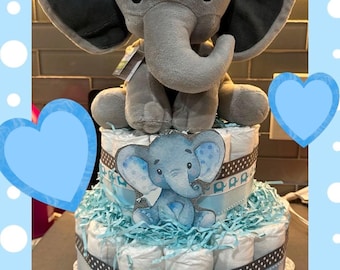 Elephant Diaper Cake, Blue Boy Diaper Cake, Jungle theme diaper cake, baby shower gift, Water Color Elephant