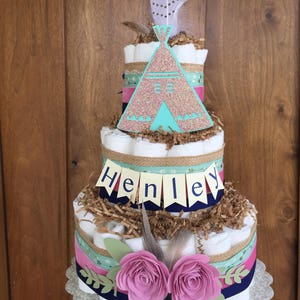 Tribal diaper cake, girl diaper cake teepee, rustic diaper cake, floral lace diaper cake, boho tribal diaper cake, woodland diaper cake,