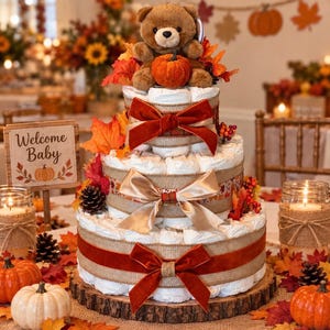 May include: A three-tier diaper cake decorated with autumn-themed elements, including a brown plush teddy bear, orange pumpkins, red and gold velvet ribbons, burlap trim, and faux maple leaves. A wooden sign reads Welcome Baby.