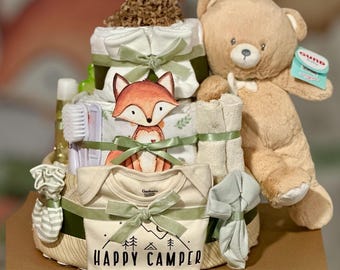 Forest Animals Baby Shower Woodland Diaper Cake, Happy Camper Baby, Gift set, bodysuit, teether, stuffed teddy bear, lotions, toy