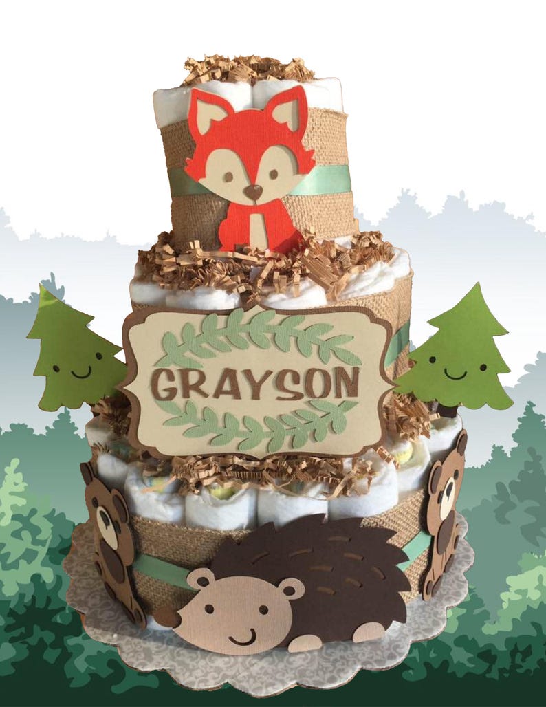 Woodland Forest Animals Diaper Cake, Baby Shower, Personalized, Gift ...