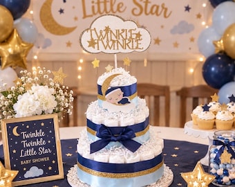 Twinkle Twinkle Little Star Diaper Cake, 3 Tier Baby Shower Centerpiece, Navy Blue and Gold Baby Gift, Celestial Baby Shower Decor