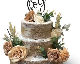 3 Tier Large Baby Shower Centerpiece | Gender Neutral Diaper Newborn Gift | Ruatic Theme Party Decor | Diaper Cake Decor | Baby in Bloom