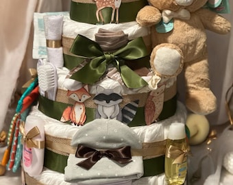 Diaper Cake for Baby Gift, Large Diaper Cake, 5 Layer Diaper Cake, Baby Showers, Woodland forest animals, Personalized Baby